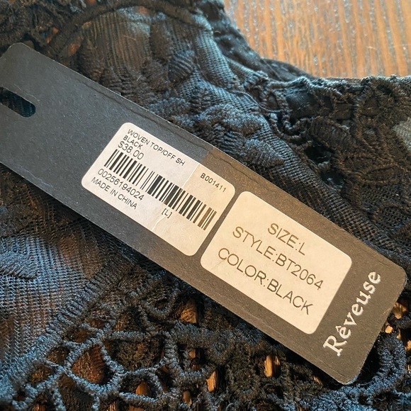 REVEUSE WOVEN TOP Black Bell SLEEVE womens large cold shoulder crochet - Picture 6 of 16